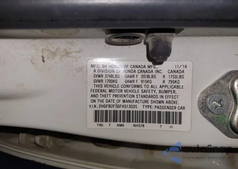 2015 Honda Civic Lx z USA, uszkodzony, nr VIN 2HGFB2F56FH513035